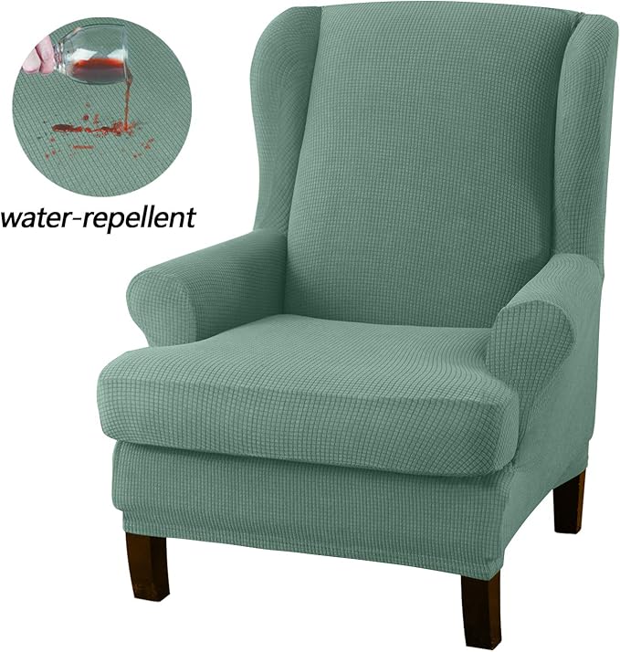 Granbest Premium Water Repellent Wingback Chair Cover 2-Piece High Stretch Jacquard Fabric Wing Back Chair Slipcovers (Wing Chair Cover, Matcha Green)