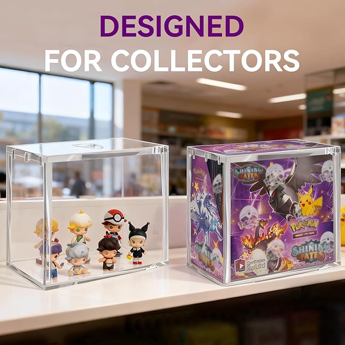 PKMN Booster Box Case 3 Pack, 8mm Ultra Thick Acrylic Protector with Magnetic Lid, Stackable Clear Display Box for Trading Card Collection