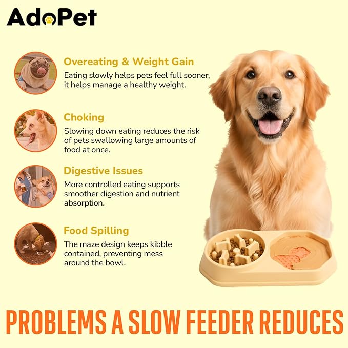 Slow Feeder Dog Bowl with Silicone Lick Mat, Non-Slip Dual Feeding Station for Medium & Large Dogs, Slow Eating Bowl to Help Reduce Fast Eating, Removable Lick Pad (Yellow)