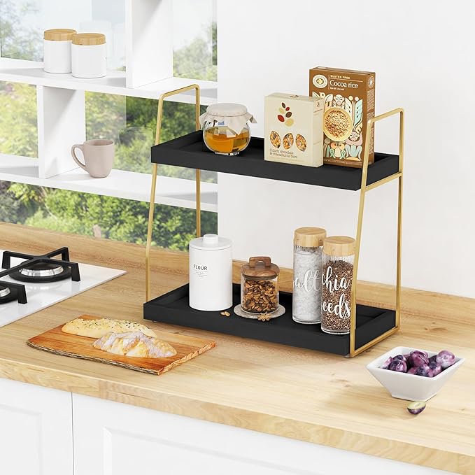 Forbena Black and Gold Bathroom Organizer Countertop, 2 Tier Counter Organizer for Bathroom Decor, Modern Sink Shelf Organizers for Vanity Storage, Make upTray for Makeup Bedroom