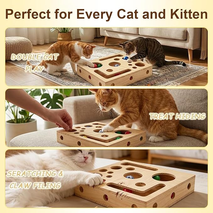 Cat Nail File Scratch Enrichment Box,Advanced Cat Scratch Puzzle Enrichment Maze Box, Nail File Stress Free Cat Scratcher for Indoor Cats,with Sandpaper and 3 Bell Balls