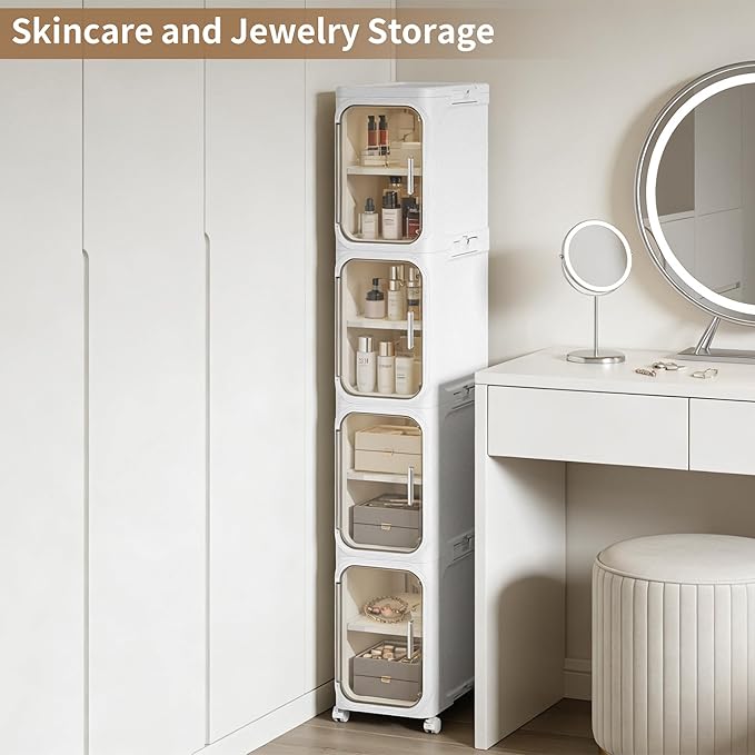 Narrow Storage Cabinet Slim Bathroom Storage Cabinet with Movable Wheels Tall Bathroom Organizer Skinny Cabinet for Small Spaces，2-Tier White