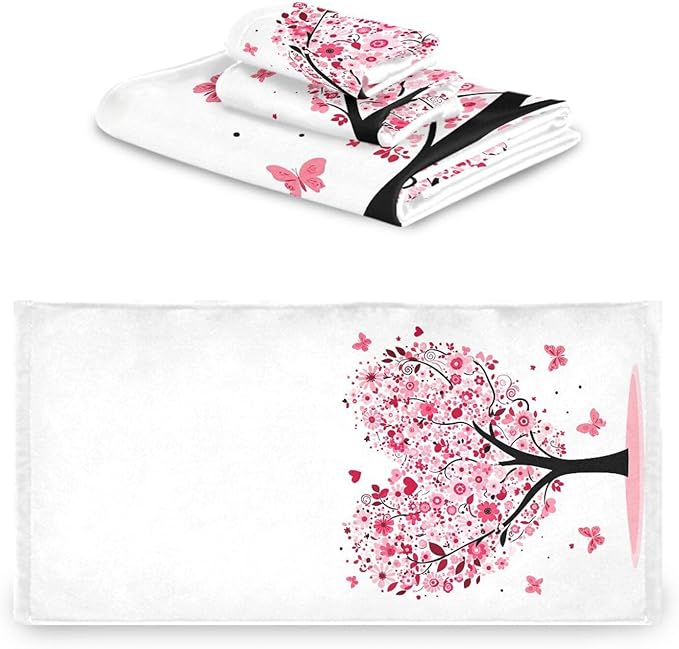 Pfrewn Pink Flowers Heart Tree Towels Set of 3 Romantic Love Spring Trees Butterfly Bathroom Towel Soft Absorbent Bath Hand Towels Washcloth Guest Towel Sets Mother's Valentine's Day Decorations