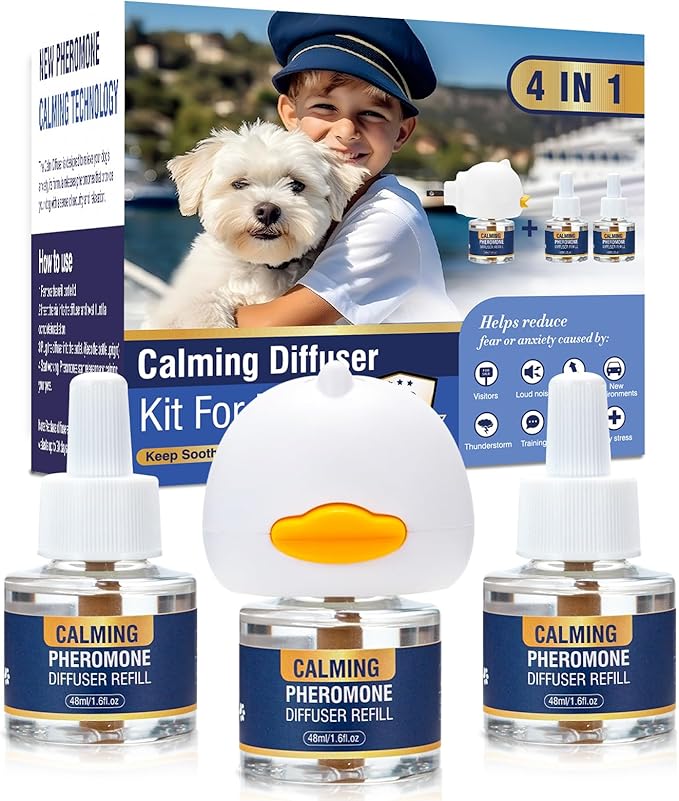 Calming Diffuser Dog Pheromone 4 in 1 Appeasing Pet Pheromones Diffuser to Calm Kit (Plug in+ 3 Pack 48ml Refill) for Anxiety Relief Reduce Barking Aggression Fighting Stress 90 Day Supply