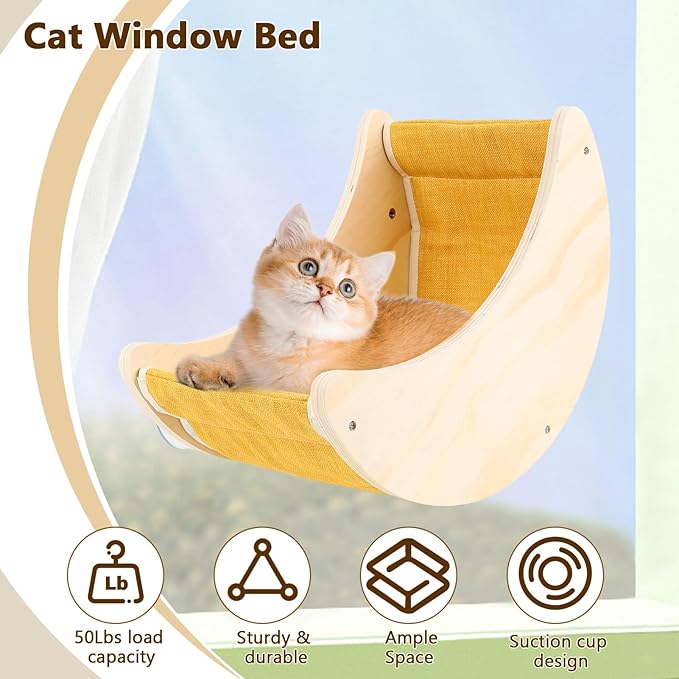 Cats Window Beds Moon Perches Seat for Indoor Cat, Wooden Moon Cat Hammock Shelves Mounted with Cushion & Suction Cups, Cordless Cats Furniture for Sleep and Watch Birds for Windowsill