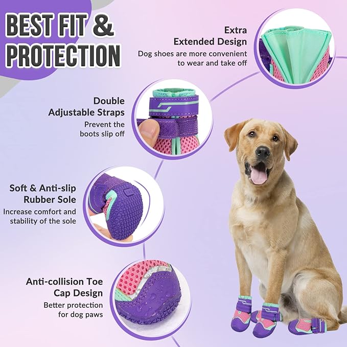 SlowTon Dog Shoes for Large Small Medium Dogs - Breathable Dog Boots for Summer Hot Pavement, Paw Protector for Outdoor Walking Winter Snow, Anti-Slip Rubber Dog Booties for Hardwood Floor (PIPU, 3)
