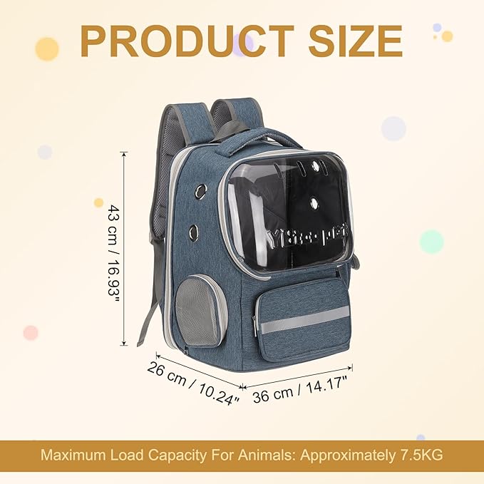 Pet Backpack Carrier, Portable and Ventilated, Oxford Cloth, Dog Cat Travel Bag with Transparent Cover 14.17", (Blue, 1 Pcs), Intended for Hiking/Camping/Traveling