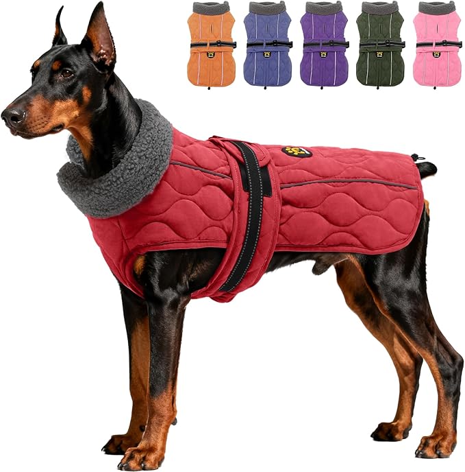 Dog Winter Coat, Adjustable Quilted Dog Snow Jacket with Fleece Lining, Water Resistant Pet Apparel for Cold Weather, Warm Large Doggie Coat with Leash Hole and Reflective Strip, NewRed L