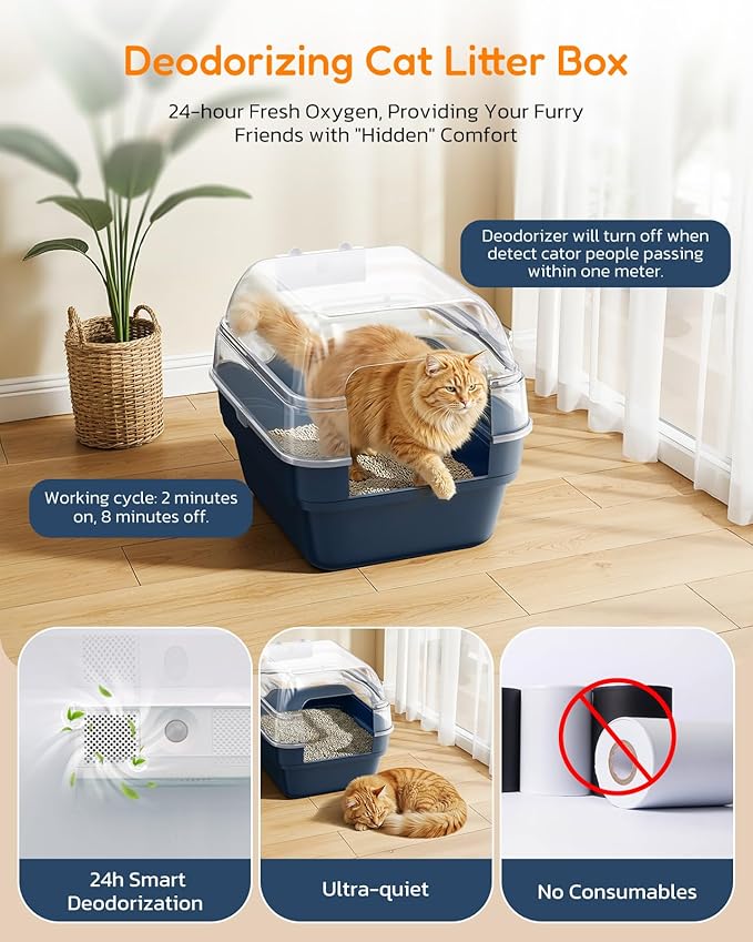 Large Cat Litter Box with Transparent Lid, Foldable Hooded Litter Box with Front Door Flap for Privacy, Easy Clean Non-Sticky Litter Box with Intelligent Deodorizing, (21.6" L x 17.8" W x 17.3" H)