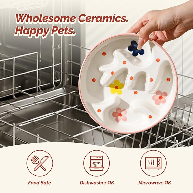Ceramic Slow Feeder Dog Bowl - Portion Control Feeding Bowl for Medium Dogs – Cute Maze Food Dish for Fast Eaters - 3.1 Cups (310 g) - Doodle Series (Cherry)