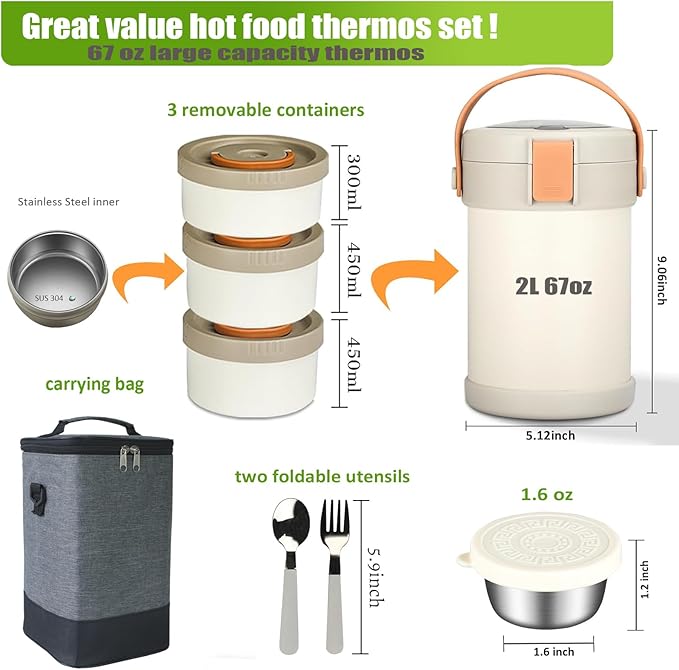 67 oz Audult Hot Food Insulated Food Container,2L 3 Layer Insulated Lunch Box Kit Stainless Steel Vacuum Soup Food Thermo Stackable Hot Food Jar Bento Box for Men, Women-Opaline