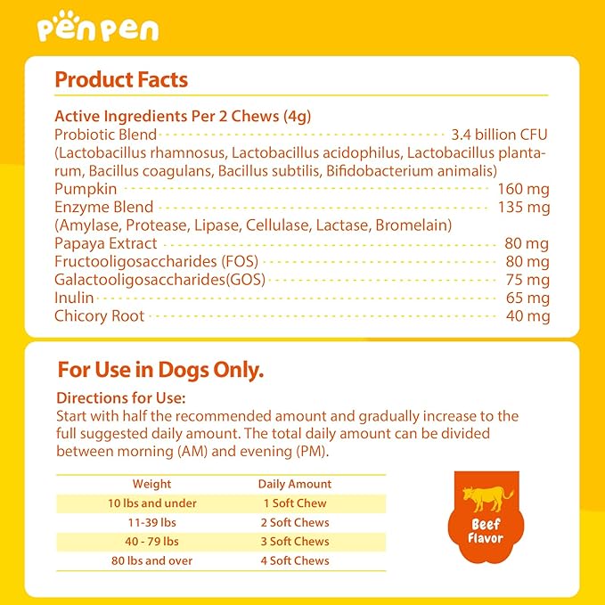 PENPEN Probiotics for Dogs, Dogs Probiotics for Digestive Health, Multi-Probiotic and Enzyme Blend Promote Gut Health & Immune Support, Eases Sensitive Stomachs - Beef Flavor, 180 Soft Chews