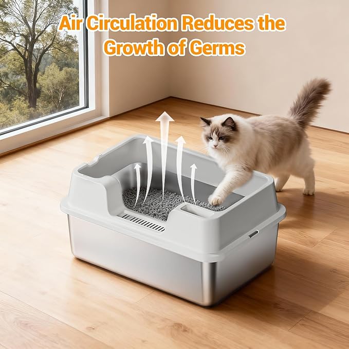 Enclosed Stainless Steel Cat Litter Box with Lid, XL Extra Large Litter Box for Big Cats, Metal Litter Pan High Sided, Never Absorbs Odors, Anti-Urine Leakage, Easy Cleaning, Include Scoop