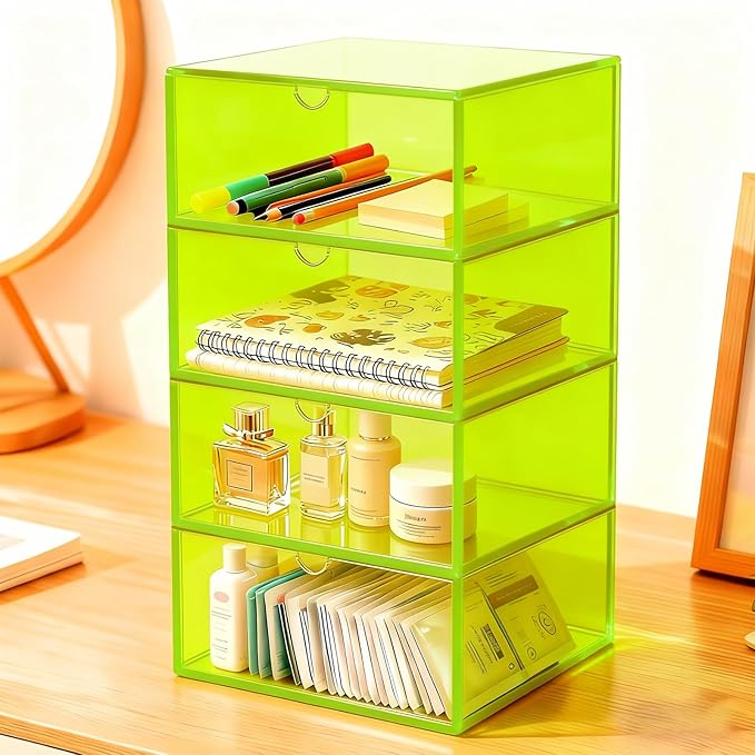 Acrylic Desk Organizer with Drawers Stackable Makeup Organizer for Vanity Office Countertop Cosmetic Display Cases Makeup Storage Box, Neon Green