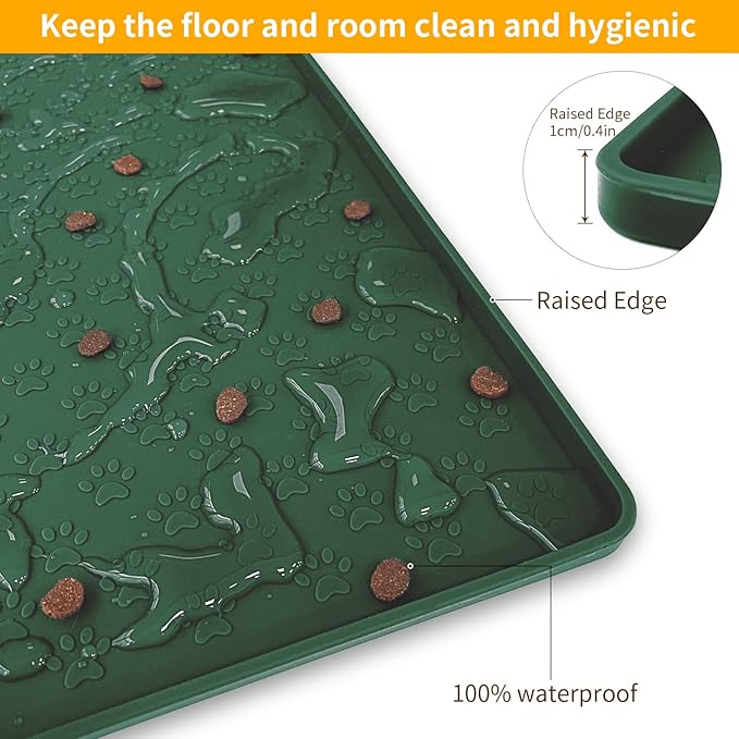 Ptlom Pet Placemat for Dog and Cat, Waterproof Silicone Pet Feeding Bowl Mats for Food and Water, Small Medium Large Dogs Mat Prevent Residues from Spilling to Floor, Hunter Green, 31.5" 23.6"