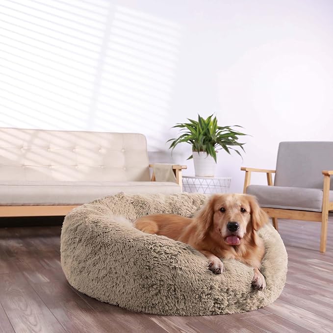 HACHIKITTY Calming Donut Cuddler Dog Bed, Round Fluffy Pet Bed with Sewn-in Cushionfor Large Dogs,Washable, Taupe, XLarge 36''