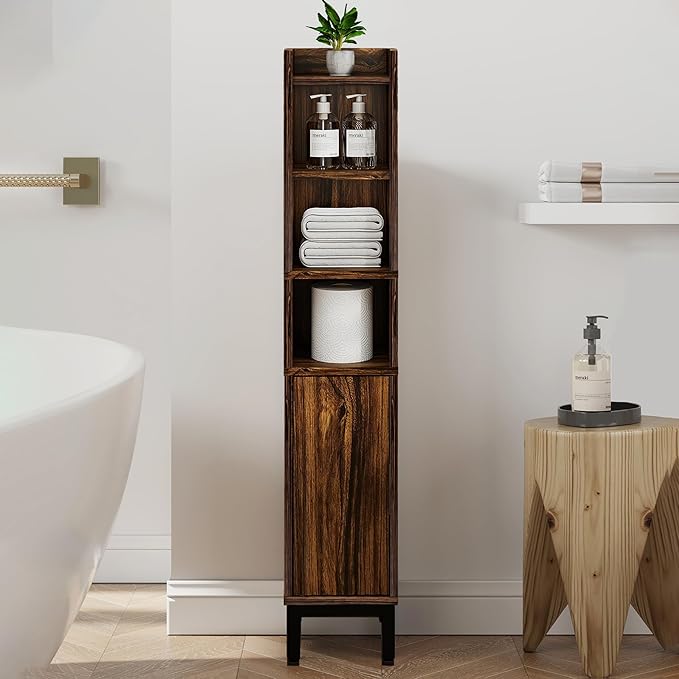 Small Bathroom Storage Cabinet, Corner Floor Cabinet with Door and Shelves, Narrow Toilet Paper Cabinet, Bathroom Organizer with Adjustable Shelf, for Small Spaces (Walnut, 5-Tier)