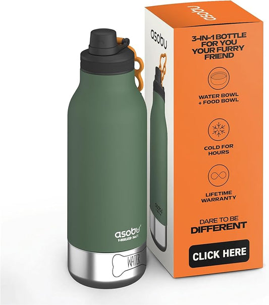 Asobu Dog Barky Bottle – Insulated Stainless Steel Water Bottle with 2 Removable Dog Bowls for Food, Treats & Water – Pet-Friendly Travel Bottle for Hiking, Road Trips & Outdoor Adventures