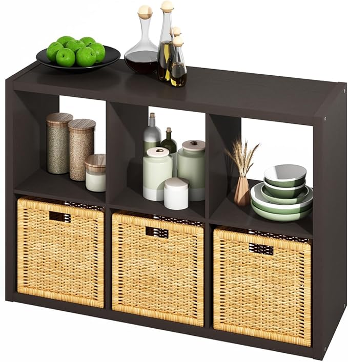 Furinno Hermite 6-Cube Open Shelves Kitchen Storage, Kitchen Island, Bakers Rack, Buffet Sideboard, Black Dark Oak