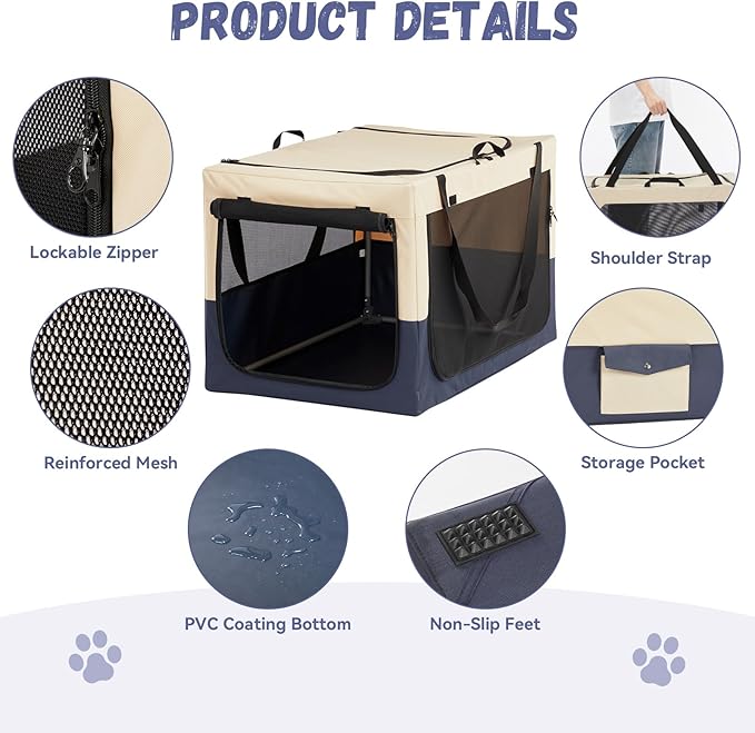 A4Pet Soft Dog Crate 40 Inch Large Portable Collapsible Pet Travel Kennel, 3-Door Lockable Zippers & Reinforced Steel Frame, Easy Setup, Mesh Panels — Ideal for SUV, Car, Camping & Home Use