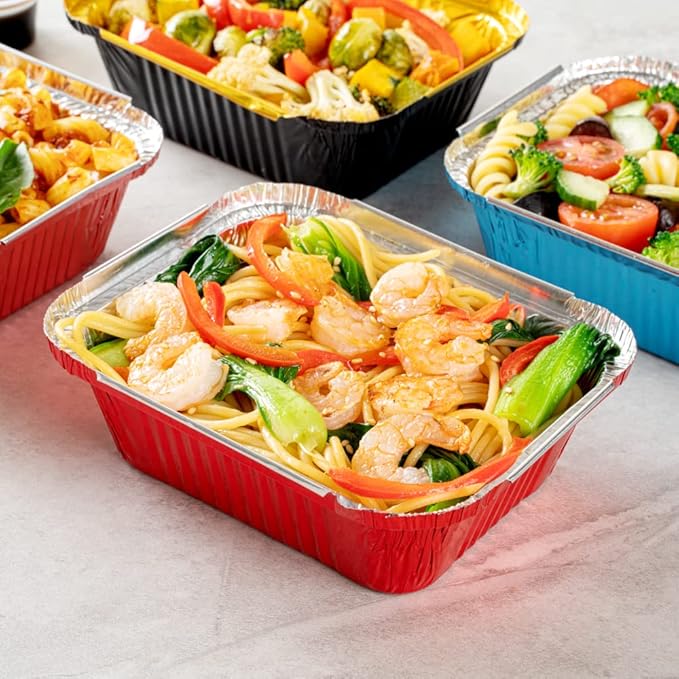 Restaurantware 12 Ounce Disposable Takeout Containers 50 Rectangle Food Containers - With Polka Dot Lids Red Takeaway Containers Aluminum Delivery Containers Freezable