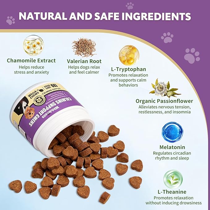 Calming Chews for Dogs Anxiety Relief Treats with Melatonin Sleep Aid Relaxing Bites Stress Relief During Fireworks, Travel, Barking, Thunder, Separation, Storms, Check-ups - 120 Ct