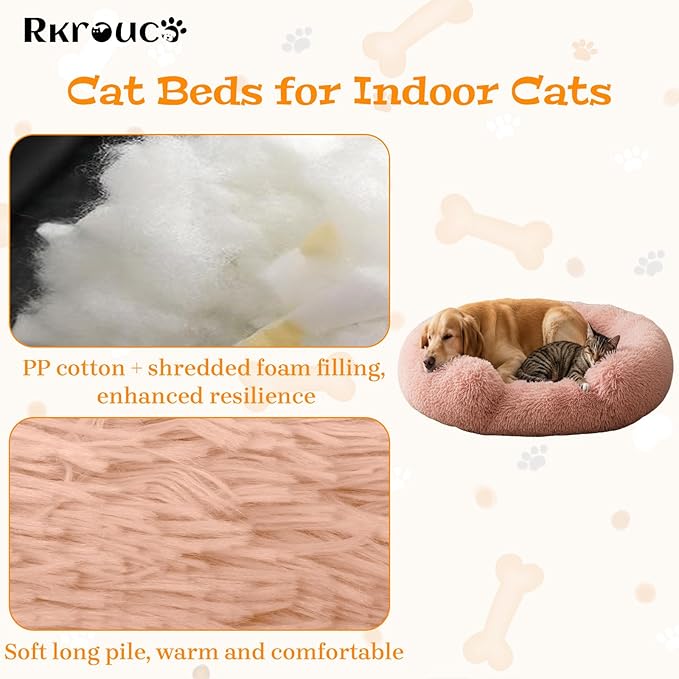 Fluffy Dog Bed Calming Donut Beds for Large Dogs Warming Round Small Medium Pet Nest Cozy Cat Mattress Indoor Washable Puppy Kennel Kittens Sleep Mat (S, 23.6×23.6 inch, Fresh Pink)
