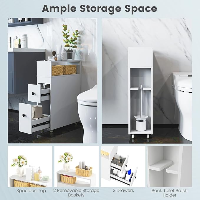 HOMGX Slim Bathroom Storage Cabinet, Narrow Floor Bathroom Organizer with Universal Wheels, Freestanding Side Toilet Storage with 2 Drawers, Rolling Bathroom Space Saver for Corner Small Spaces, White