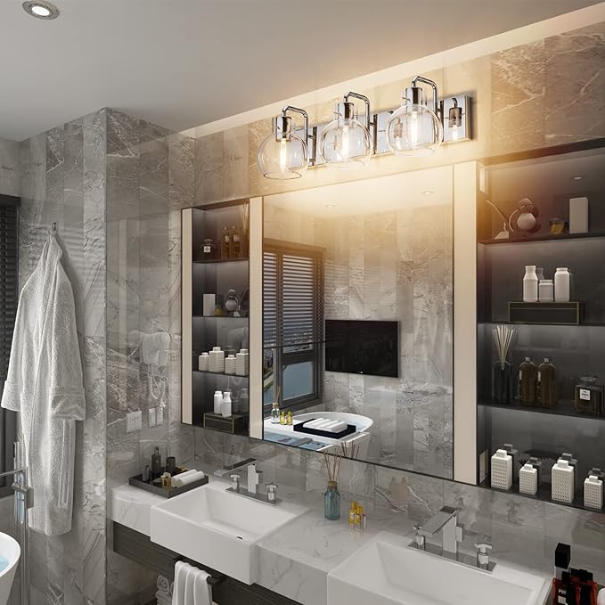 Tipace Modern Bathroom Vanity Lighting Fixtures 3-Lights Industrial Stainless Steel Chrome Finish with Globe Clear Glass Vanity Lights Farmhouse Bath Lighting(Exclude Bulb)