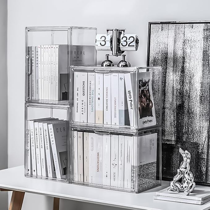 Clear Acrylic Bookcase, Book Organizer Box, Portable Book Containers with Magnetic Door, Stackable Display Case for Purses Handbags Dolls Toys Shoes(Clear, 14.17" ×10.63"×8.66")