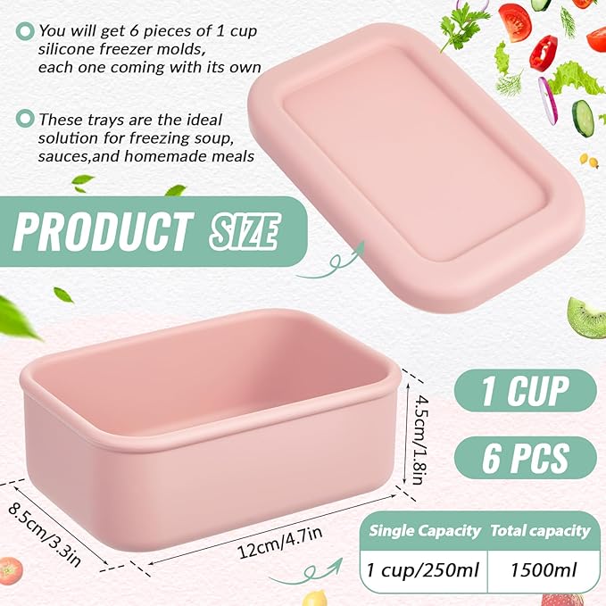 6 Packs 1 Cup Silicone Soup Freezer Molds with Lid Silicone Soup Freezer Trays Rectangle Reusable Food Preserving Tray Freezing Sauces Stews(Pink, Sage Green)