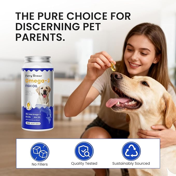 Omega 3 Fish Oil for Dogs & Cats- 150 Softgels for Skin, Coat & Joint Support | Naturally Palatable Fast-Absorbing Supplement with EPA & DHA | Made from Wild-Caught Fish