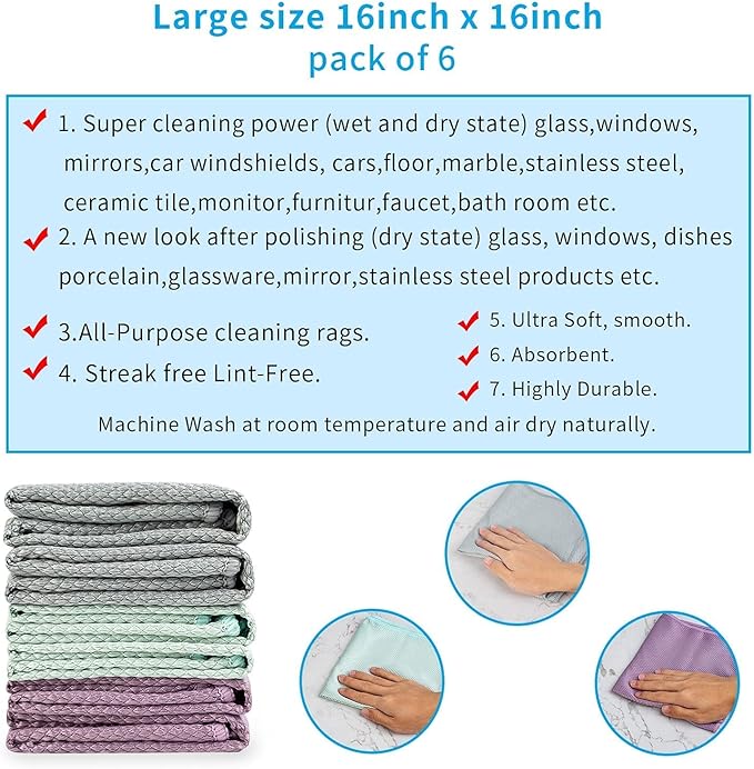 Microfiber Glass Cleaning Cloths | Streak Free Windows Mirrors & Cars Windshields cleaning towel | Glass Polishing cleaning cloth | All-purpose Dust Dirt Cleaning Rags | Lint Free Pack of 18（Mix）