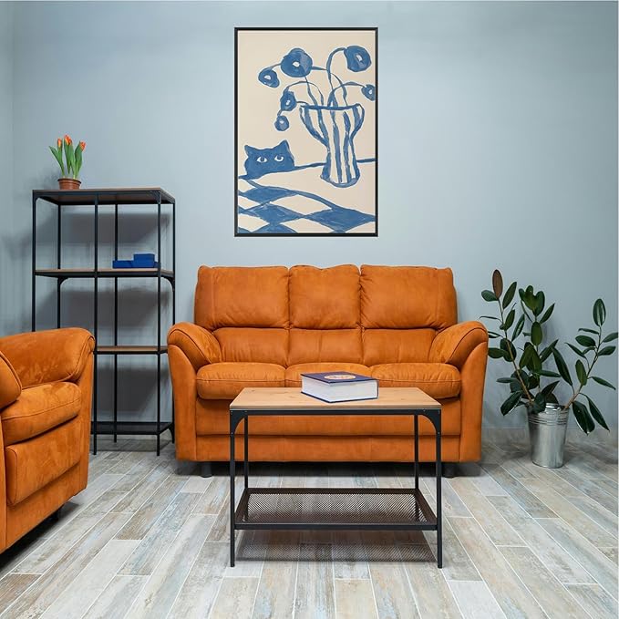 Funny Sneaky Cat Poster Scandi Animal Sketch Canvas Wall Art Blue Modern Abstract Flower Vase Aesthetic Prints Painting For Living Room Kitchen Dining Room Wall Decor 24x36in Framed