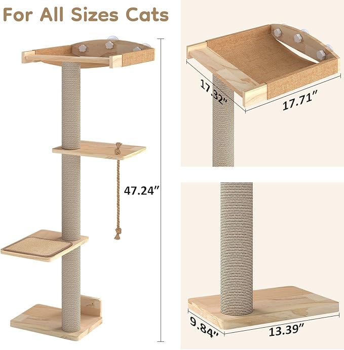 Cat Window Perch with Scratching Post, 47" Adjustable Window Perch for Large Cats with Hammock, Sisal Scratching Posts, Suction Cups, Multi-Level Cat Tree for Climbing, Sunbath, Bird Watching