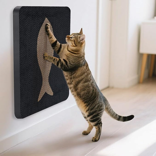 Ownpets Wall Cat Scratcher, Cute Vertical Cat Scratching Board, Wall Mounted Cat Scratch Pad for Wall, Glass, Wood, and Tile, Furniture Protector, Fish Print Black