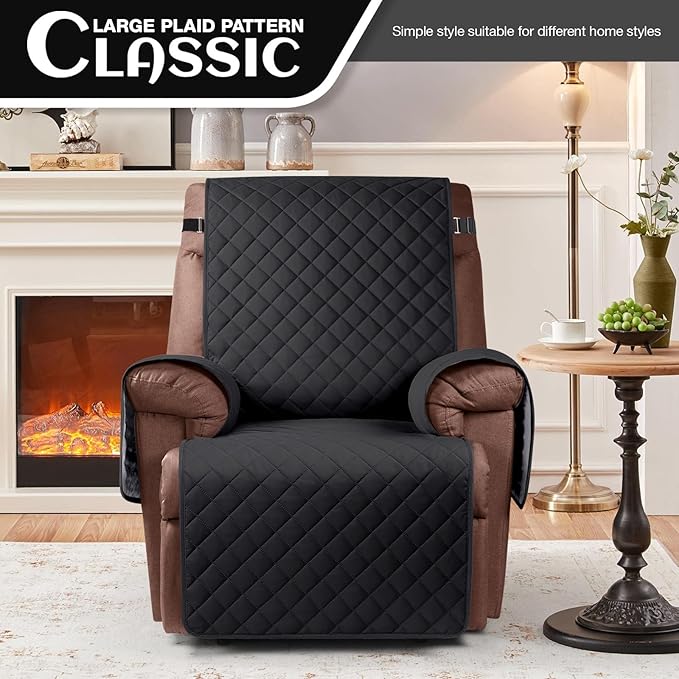 KinCam 100% Waterproof Recliner Chair Cover, Reclining Couch Covers for Pets, Dogs, Recliner Couch Slipcover Furniture Protector with Elastic Straps for Kids(28", Black)
