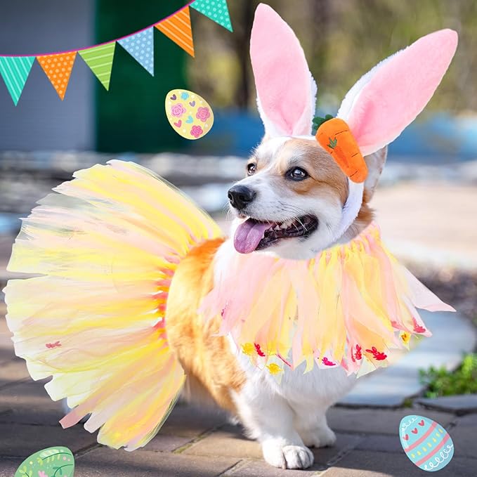 6 Pcs Adjustable Dog Easter Costumes Include Bunny Ears and Chick Headband Dog Bandana Easter Collar Tulle Tutu for Small Medium Pet Birthday Holiday Party Accessories