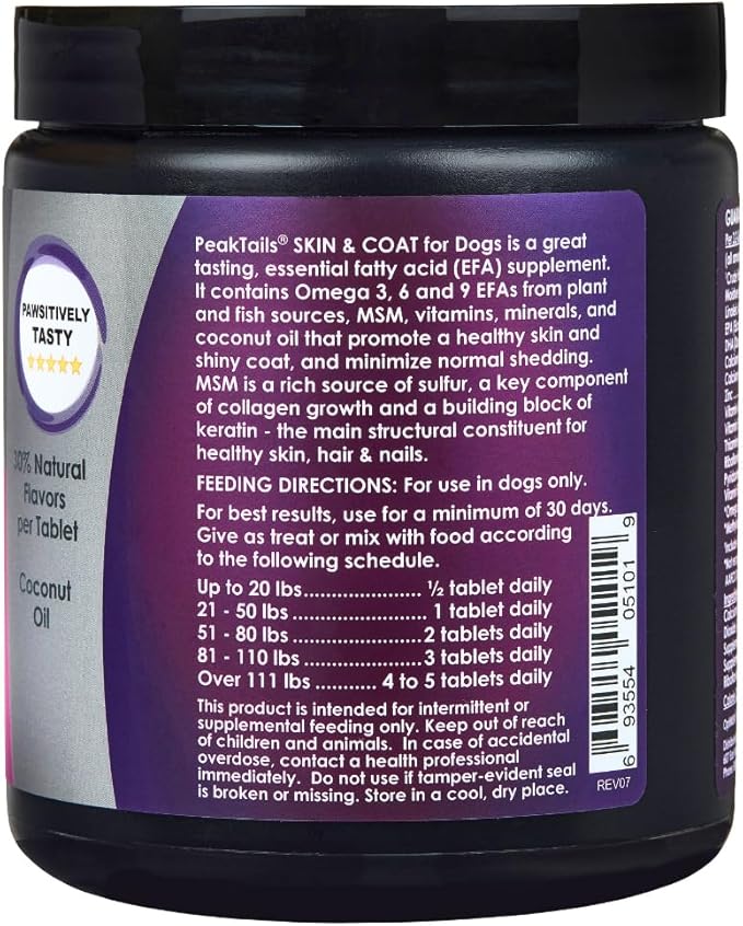 Kala Health PeakTails Skin & Coat Support for Dogs – 90 Chewable Tablets with MSM, Fish Oil, Omega-3 & Omega-6 – Supports Healthy Skin, Shiny Coat