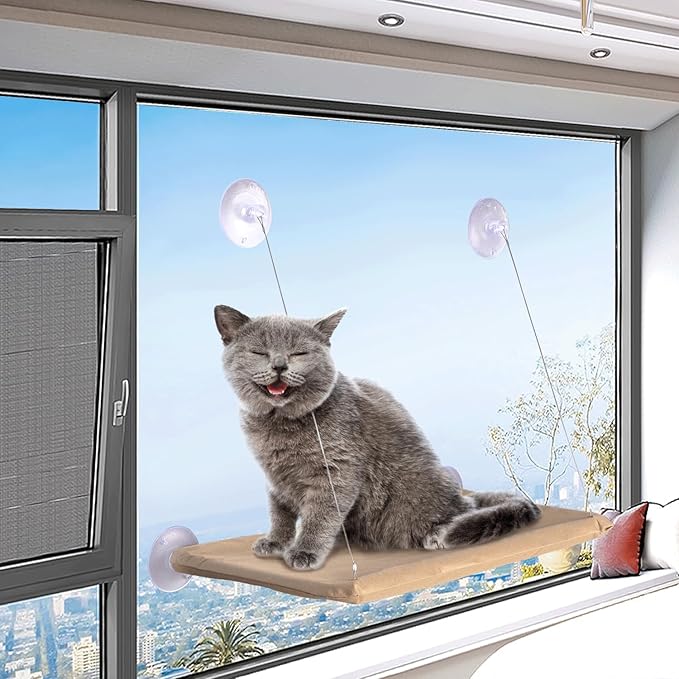 Cat Window Perch with Strong Suction Cups, Cat Window Hammock, Durable Steel Frame, Bite-Resistant Oxford Cloth, Easy Assembly for Smooth Surfaces (Khaki, one Size)