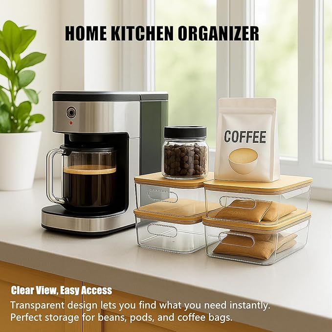 6 Pack Clear Storage Bins with Bamboo Lids, Stackable Organization and Storage Containers with Handle for Pantry, Cabinet, Closet, Fridge, Bathroom, Organizer Bins for Home & Kitchen