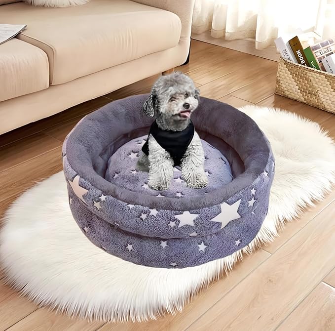 Dog Beds for Small Dogs -Cute Cat Beds for Indoor Cats Calming Pet Beds, Circle Orthopedic Cuddle Puppy Bed with Jacquard Shaggy Plush & Anti Slip Bottom，Dark Grey-Small