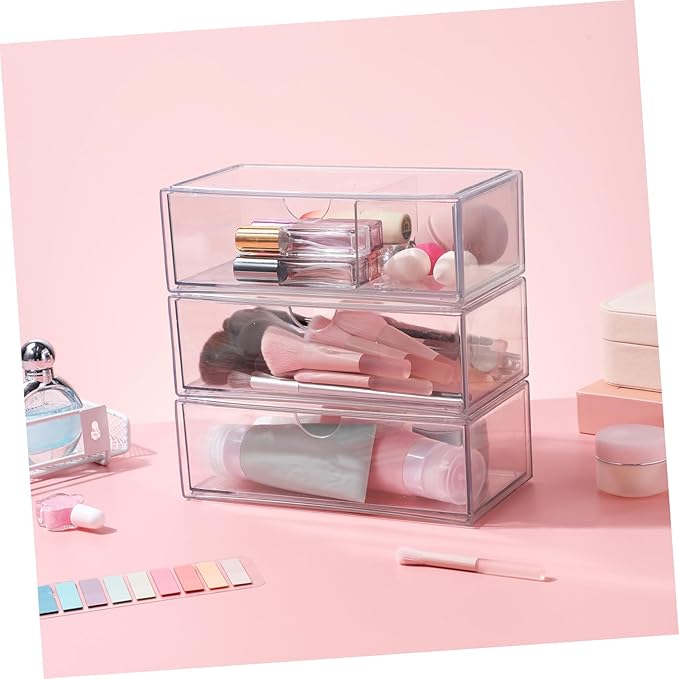 PRETYZOOM 3pcs Cosmetic Box Lid Makeup Organizer for Desk Section Storage for Brush Lipstick Nail Polish Skincare Small Sturdy Acrylic Modern Design