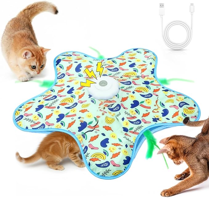 Cat Toys for Indoor Cats,Rechargeable Interactive Cat Toy with Touch-Activated Hide and Seek,Fluttering Feather and Mouse Squeaker for Bored Indoor Adult Cats Easter Gifts Green