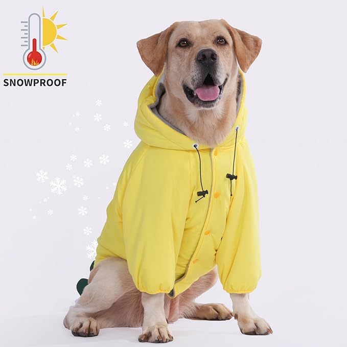 LovinPet Dog Warm Coat with Hood – Medium & Large Dinosaur Hoodie Winter Jacket for Cold Weather, Yellow & Green Coat for Large Dogs, XXXL