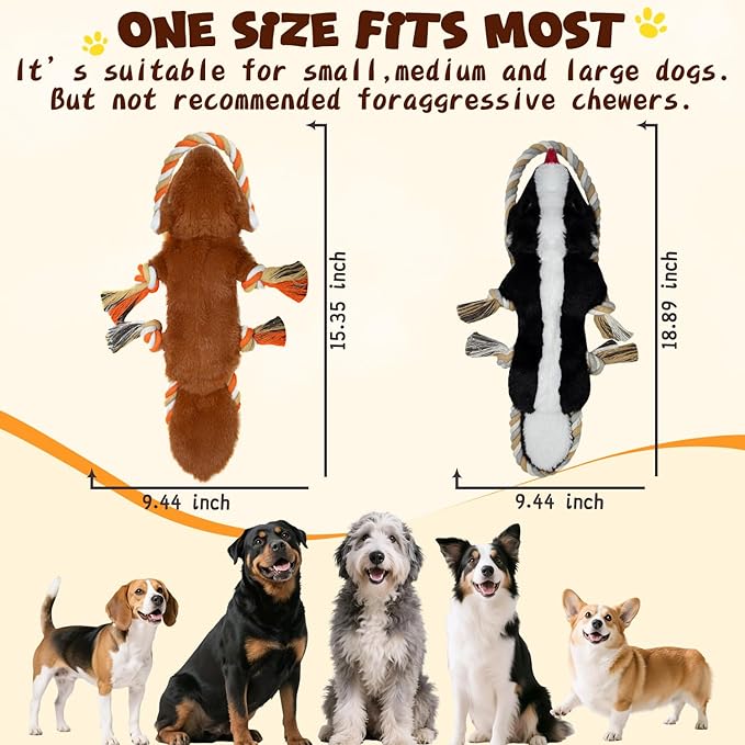 Dog Squeaky Toys, No Stuffing 2-Pack Dog Toys, Crinkle Plush Dog Toys to Keep Them Busy, Rope Dog Toys for Tug of War, Animal Shapes Dog Toys Bundle for Large, Medium and Small Dogs(Skunk, Squirrel)