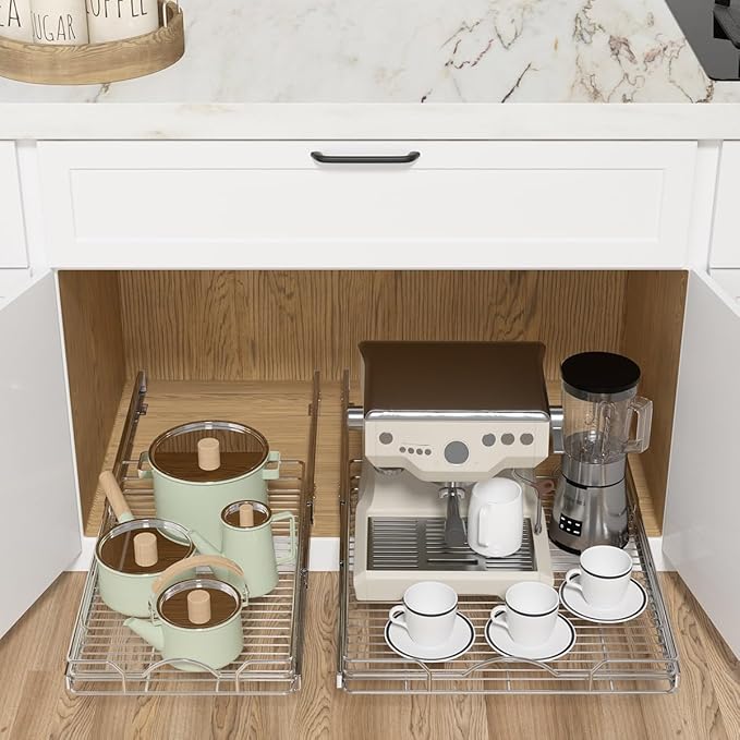 OCG Pull Out Cabinet Organizer (15" W x 21" D), Pull out Drawers, Cabinet Pull Out Shelves for Base Cabinet Organization in Kitchen Bathroom Pantry, Bottom Mount, Chrome Finish
