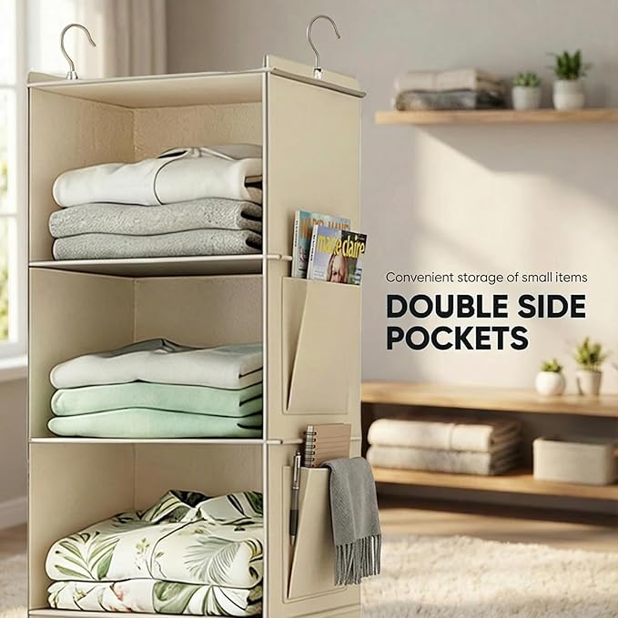 6-Shelf Hanging Closet Organizer with Side Pockets, Closet Hanging Storage Shelves for Clothes, Shoes & Accessories, Space-Saving Wardrobe Storage Solution,Send Goods from Local Warehouse