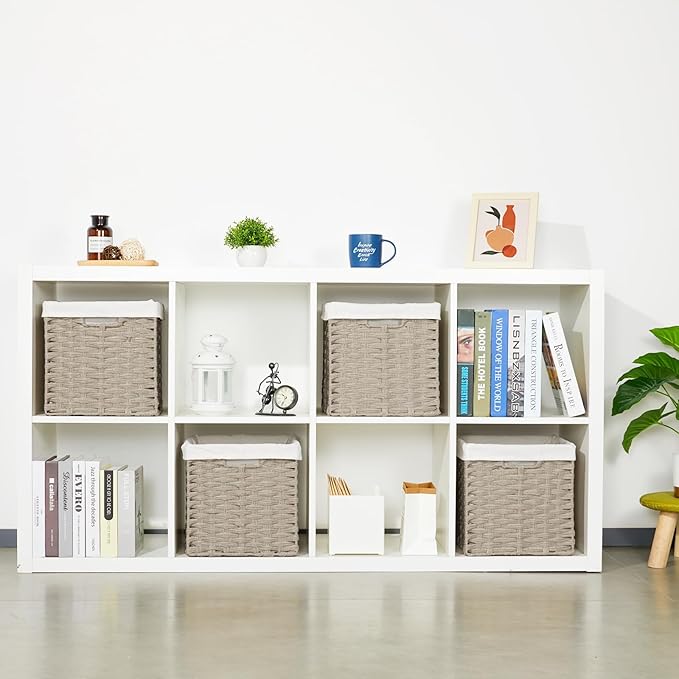 Bidtakay Wicker Storage Baskets for Organizing 4-Pack Hand-Woven Imitation Wicker Cube Storage Bins with Liners for Shelves Closet Cabinet 11x11 Waterproof Cube Organizer for Pantry-Greyish Beige
