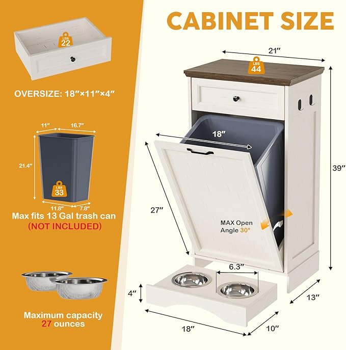 13’’ D x 21’’W x 39’’ H Dog Feeding Station with Storage, Tilt Out Dog Food Cabinet with Drawer, 2 Feeding Bowls, Pet Food Storage, Cat Feeding Station, (White Oak Grain)